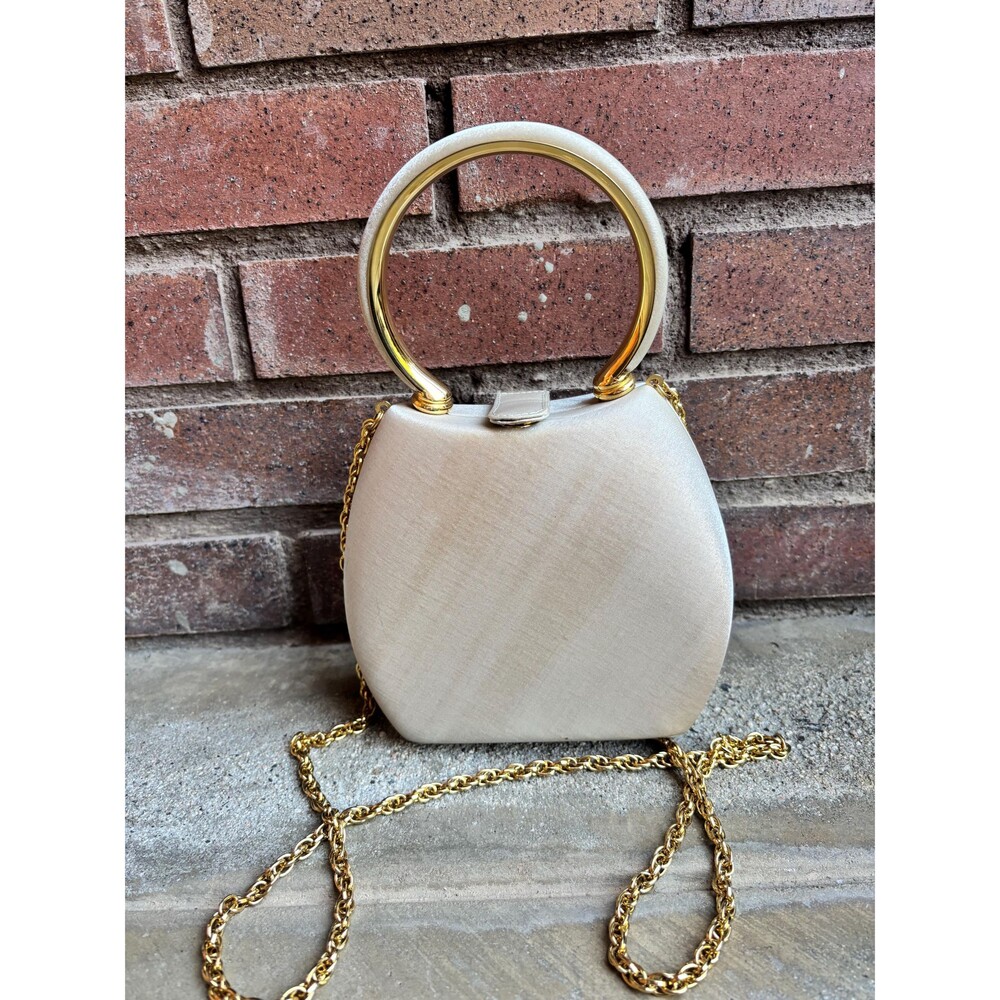 Beige, Rodo Italy Satin Evening Bag with Gold Metal Accents